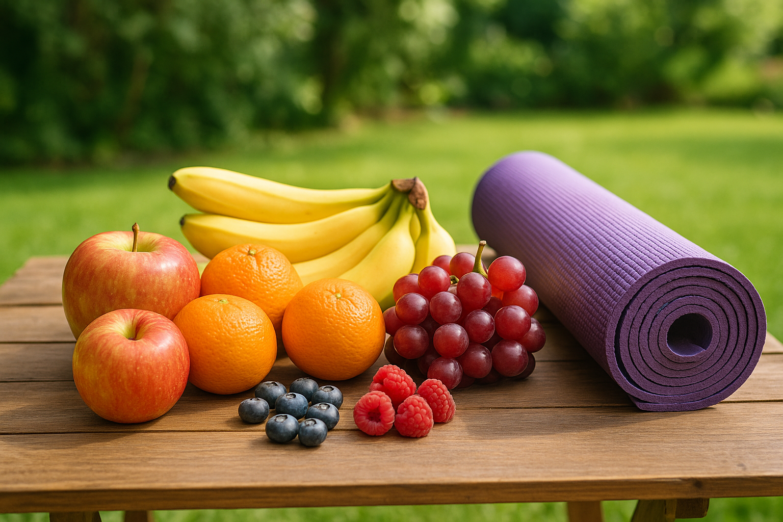 variety of fruit with a yoga matt on a table with the lawn in the background